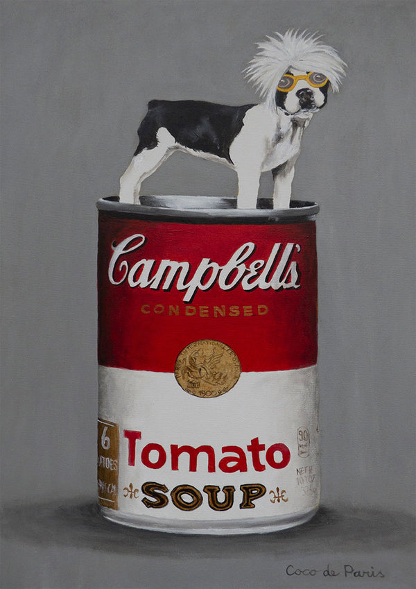Pop art bulldog with sunglasses and white wig stands on Campbell's Tomato Soup can by Coco de Paris.
