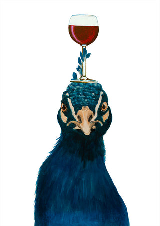 A blue peacock balancing a glass of red wine on its head, artwork by Coco de Paris.