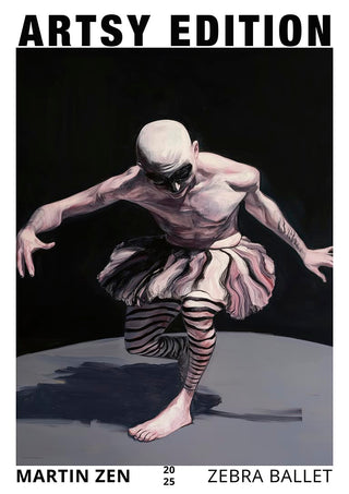 Cover of Zebra Ballet by Martin Zen, featuring a dancer in a zebra-striped tutu and makeup on a dark background.