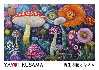 Colorful psychedelic mushrooms and flowers in a vibrant, abstract style inspired by Yayoi Kusama.