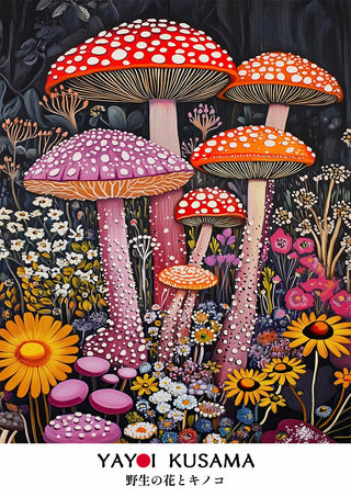 Colorful tall mushrooms with dotted caps among wildflowers, art by Yayoi Kusama for Tall Shrooms product page.