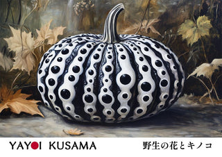 Black pumpkin sculpture with white polka dots, designed by Yayoi Kusama, displayed among autumn leaves.