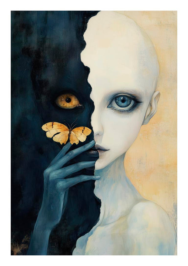 Surreal portrait for My Secret Butterfly by Martin Zen, featuring a half-masked face, large eye, and butterfly.