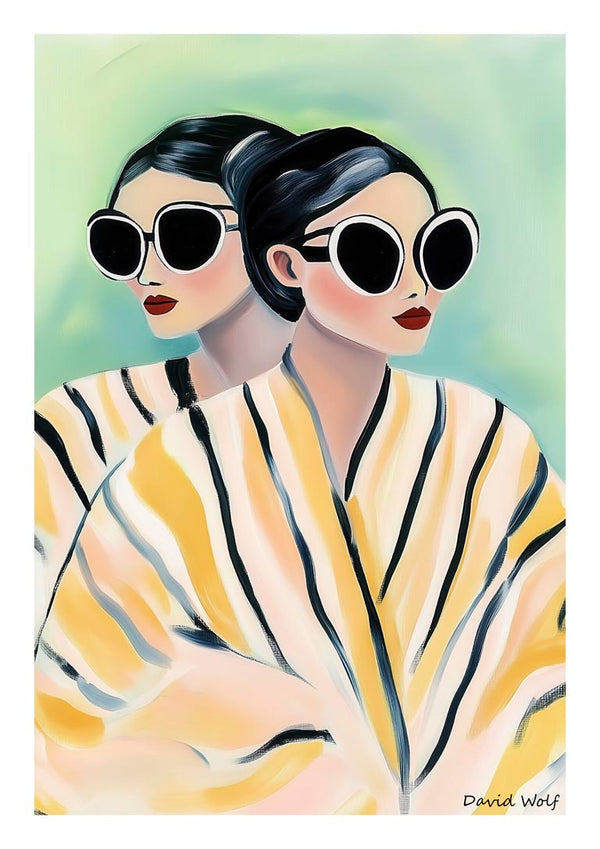 Art print of two women with dark hair in sunglasses and yellow-striped robes, by David Wolf.