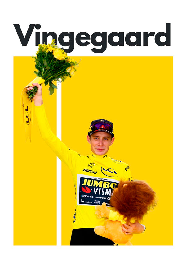 Jonas Vingegaard celebrates in a yellow jersey, holding flowers and a lion plush against a bright backdrop.