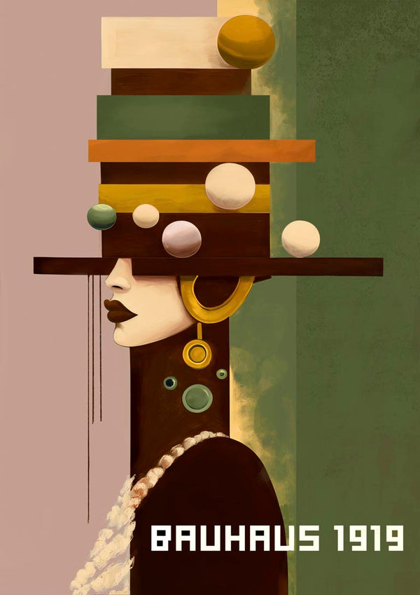 Abstract portrait of a woman in geometric Bauhaus style, with hats and jewelry; text reads "Bauhaus 1919."