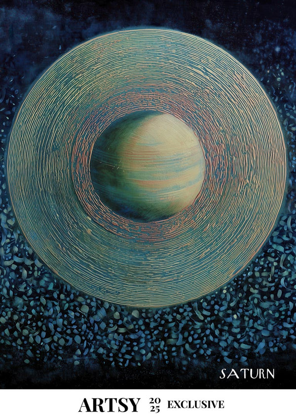 Artwork of Saturn by Martin Zen, featuring the planet’s rings and textured background on a product page.