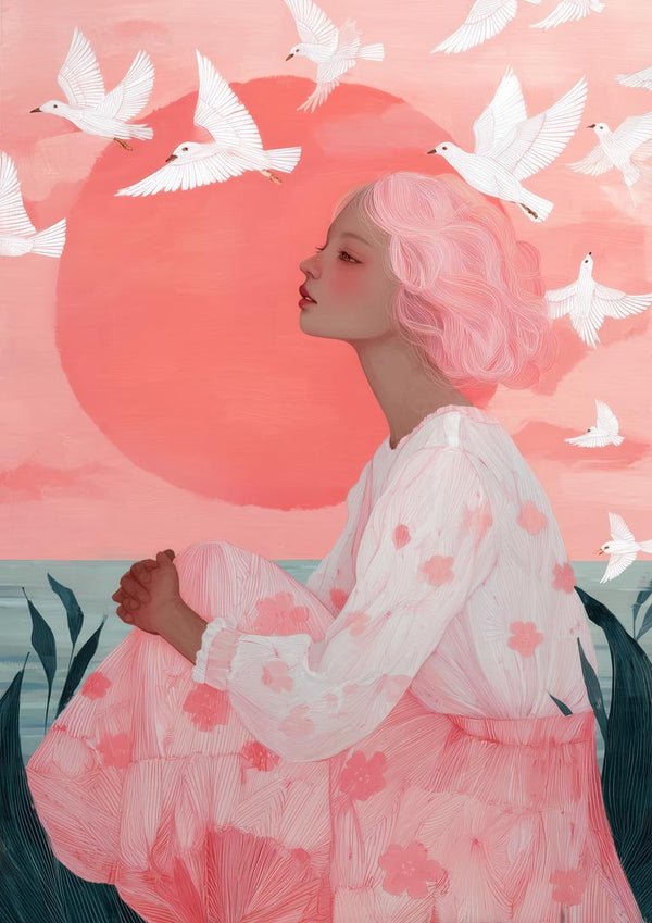 A woman with pink hair sits by the water at sunrise as white birds fly across a coral sky. Artwork by Martina Karlsson.
