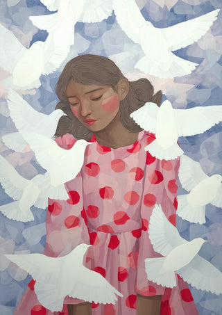 Illustration of a girl in a red polka dot dress surrounded by white birds, from Red Dress Birds by Martina Karlsson.
