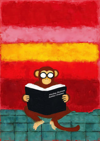 A cartoon monkey reads "Monkey Business Rothko Dreams" against a colorful, abstract red and yellow background.