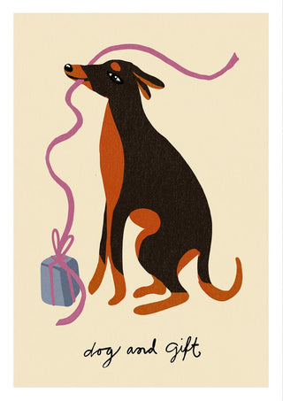 Illustration of a cute brown and black dog holding a gift by its ribbon, with "dog and gift" text below.