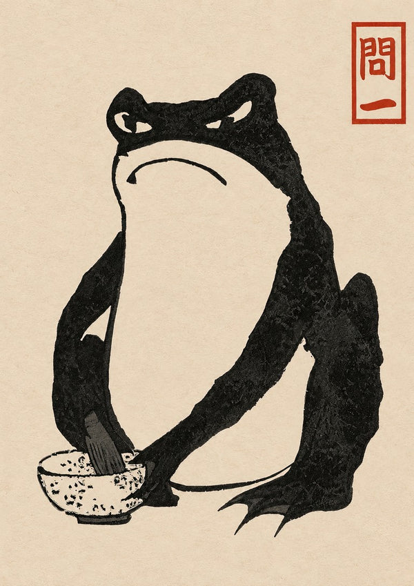 Grumpy Toad I Black by Matsumoto Hoji – black ink toad whisking matcha on beige paper