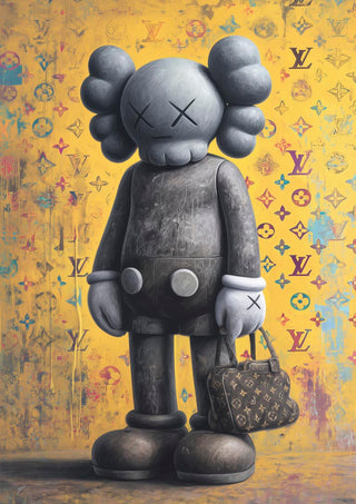 Kaws-inspired figure holding a Louis Vuitton bag, with logo pattern background by Danii Steinfeldt.