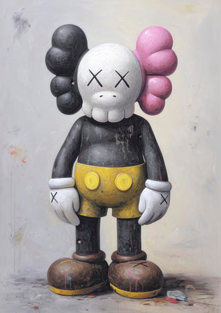 Kaws Classic by Danii Steinfeldt figure with black and pink ears, yellow shorts, and X eyes.