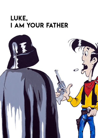 Cartoon of Darth Vader saying "Luke, I am your father" to a surprised cowboy holding a revolver.