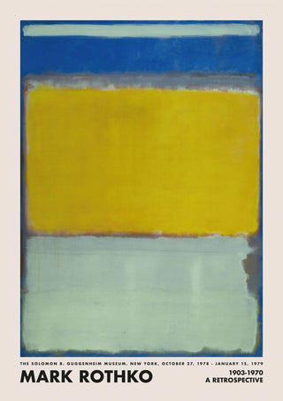 Abstract painting by Mark Rothko featuring bold blue, yellow, and green color blocks on a cream background.