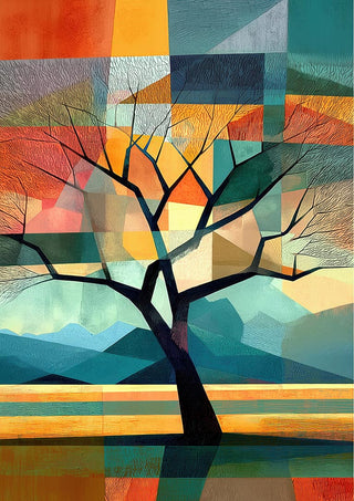 Abstract tree with bare branches against colorful geometric shapes, representing Chimes of Life - Tara Green.