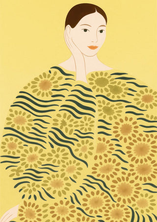 Illustration of a woman in a yellow floral-patterned outfit on a yellow background, from Yellow Hero by Martina Karlsson.