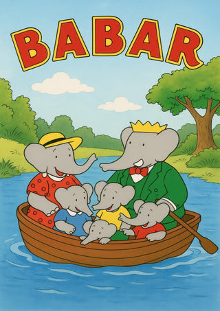 Illustration of Babar and his family in a boat on a river, surrounded by trees, with "Babar" written above.