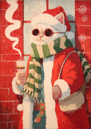 White cat dressed as Santa Claus with sunglasses, green scarf, and holding a steaming cup in a snowy setting.