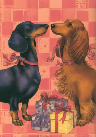 Two dachshunds with ribbons sit by Christmas presents on a festive pink background.