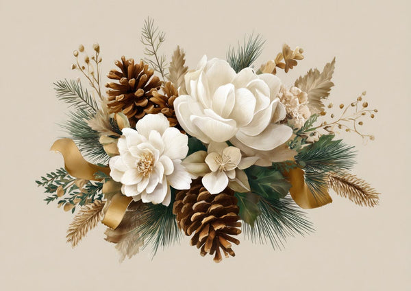 Christmas flower arrangement with white blooms, pinecones, gold ribbon, green pine needles, and festive foliage.