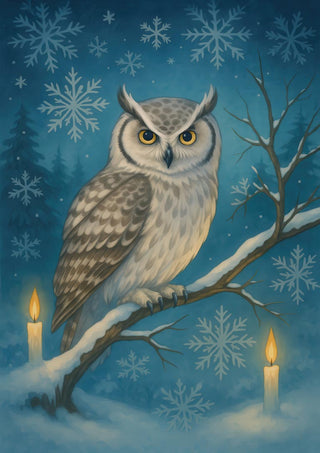 A snowy owl perched on a branch with candles and snowflakes, evoking a festive Christmas atmosphere.