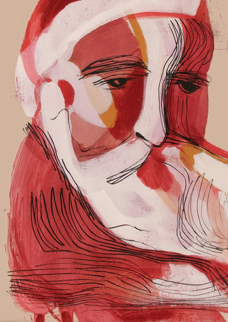 Abstract painting of Santa Claus with a thoughtful expression and his hand on his beard.