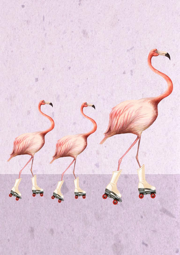 Three flamingos wearing roller skates stand in a row against a pale purple background.