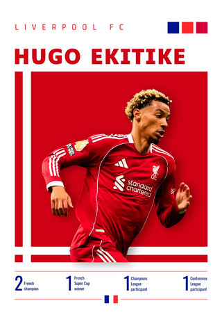 Football poster of Hugo Ekitike in Liverpool kit with career stats and red background.