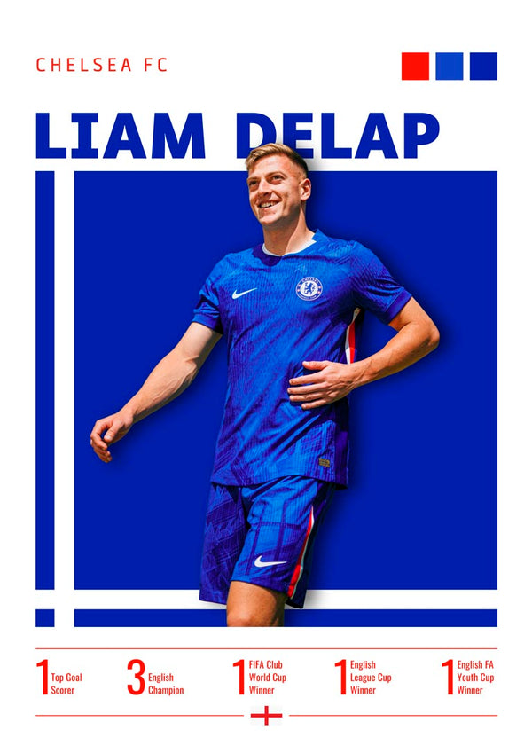 Poster of Liam Delap in a Chelsea kit with team stats and accolades, blue background, "Chelsea FC" at top.