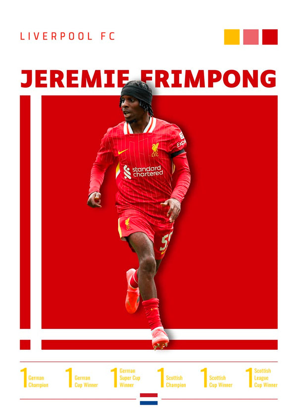 Jeremie Frimpong in Liverpool kit on a red poster, with club stats and achievements displayed below.