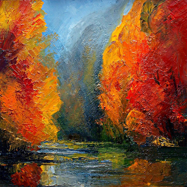 Impressionist painting of a river surrounded by vibrant autumn trees, from River by Justyna Kopania.