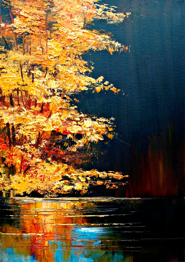Golden River by Justyna Kopania: Abstract golden autumn trees reflected on a serene, dark river.