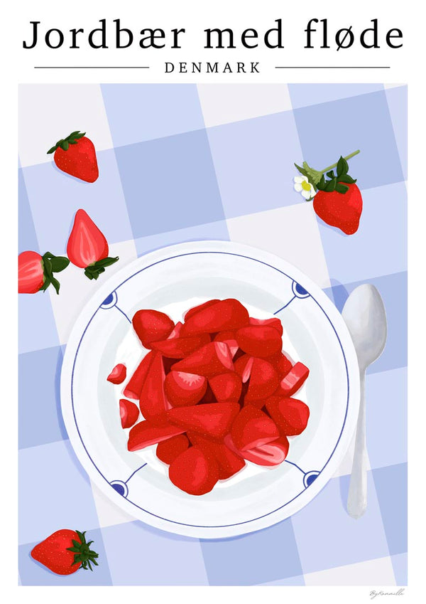 A plate of sliced strawberries on a blue checkered tablecloth, with whole strawberries and a spoon nearby.