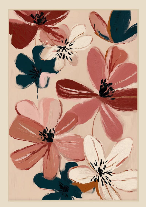 Abstract floral artwork with blush, wine, cream, and navy blossoms on a beige background by Branka Kodžoman.