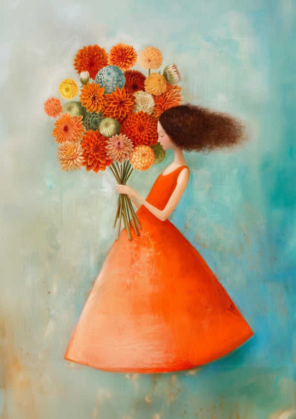 Illustration of a woman in an orange dress holding a large bouquet of colorful flowers, on "I can buy myself flowers."
