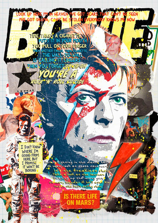Collage-style artwork featuring Bowie with vibrant graphics, song lyrics, and lightning bolt motif on Ricardo Noble product page.