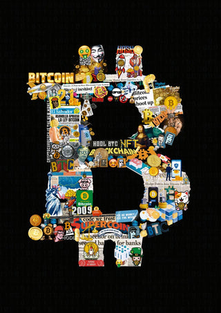 Collage of Bitcoin-themed images forming a large Bitcoin symbol for the BTC Gigante - Ricardo Noble product page.