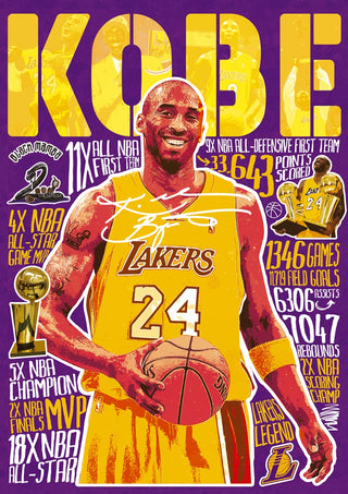 Poster of Kobe Bryant in Lakers jersey with career highlights and stats, featured on Kobe - Ricardo Noble product page.