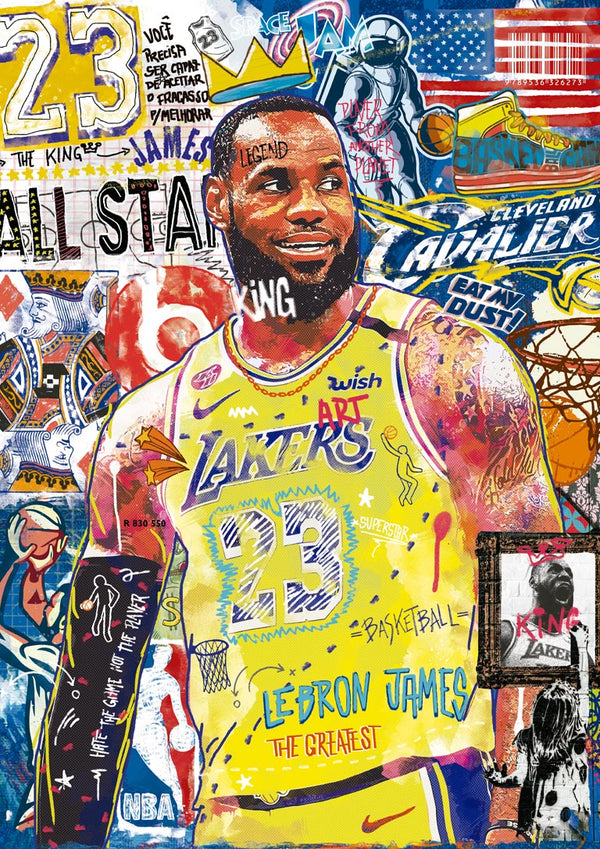 Colorful collage artwork of LeBron James in a Lakers jersey, featuring sports-themed graphics and text.