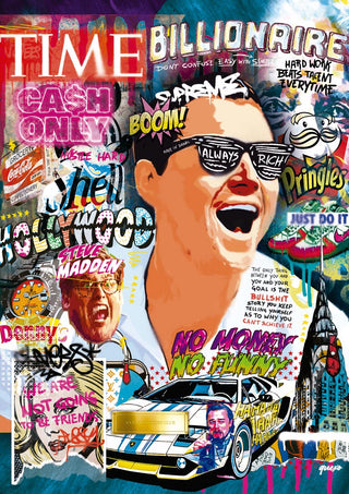 Colorful collage featuring Ricardo Noble, luxury brands, and bold text on Wolf of Wall Street product page.
