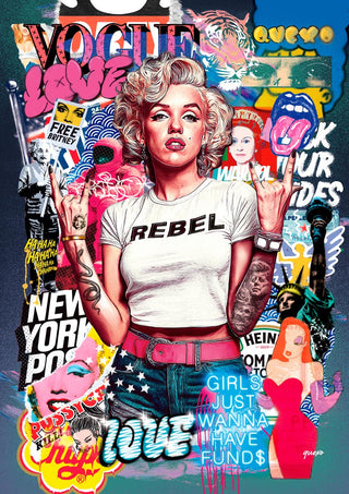 Artistic collage of Marilyn Monroe with "REBEL" shirt, vibrant graffiti, pop art elements, and bold colors in the background.