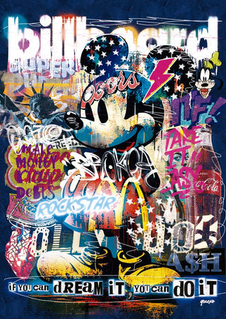 Colorful graffiti-style art of Mickey Mouse with bold text and various pop culture elements, by Ricardo Noble.