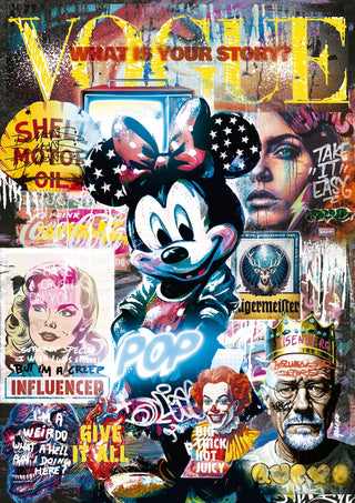 Colorful street art collage featuring Minnie Mouse at the center, surrounded by pop culture graffiti and bold text.