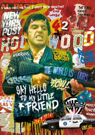 Colorful collage of Scarface with graffiti-style text, gun, and iconic quotes on the Ricardo Noble product page.