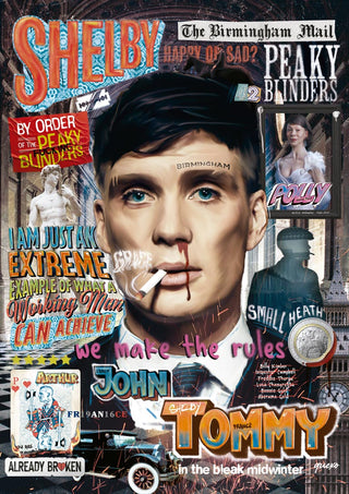 Collage of Peaky Blinders' Shelby with various show-themed graphics, quotes, and Birmingham references.