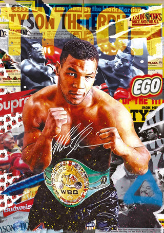 Portrait of a boxer with championship belt, signed, surrounded by colorful sports-themed magazine covers.