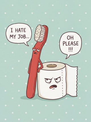 Cartoon toothbrush and toilet paper roll with speech bubbles, from Grumpy Bathroom Talk by Andreas Magnusson.