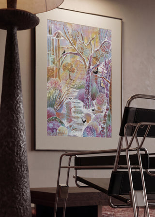 Snowy Sanctuary by Enikő Marosváry-Kramcsák in a mounted frame in a modern interior